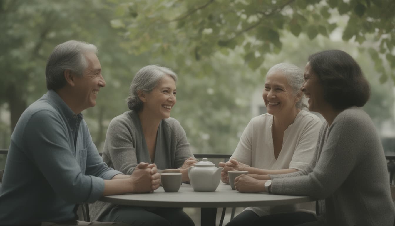 Grupo de amigos maduros conversando e rindo ao redor de uma mesa externa, em luz natural difusa, transmitindo conexão genuína e leveza.