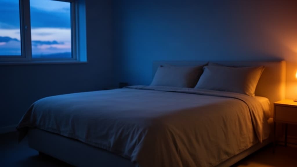 Um quarto minimalista e aconchegante ao entardecer, com luz suave azulada e âmbar, transmitindo serenidade e preparo para um sono reparador.