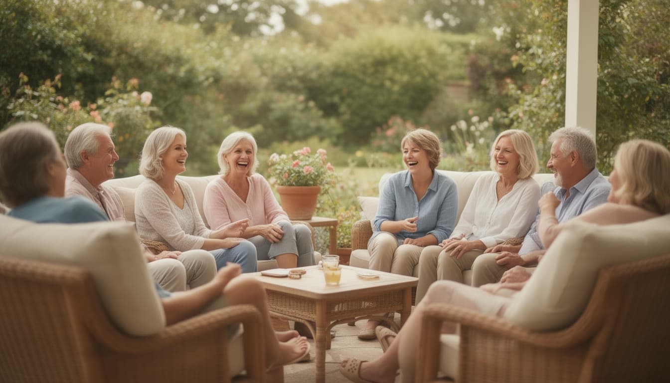 Grupo diverso de adultos conversando e rindo em um ambiente aconchegante ao ar livre, iluminado por luz natural difusa, transmitindo serenidade e conexão humana.
