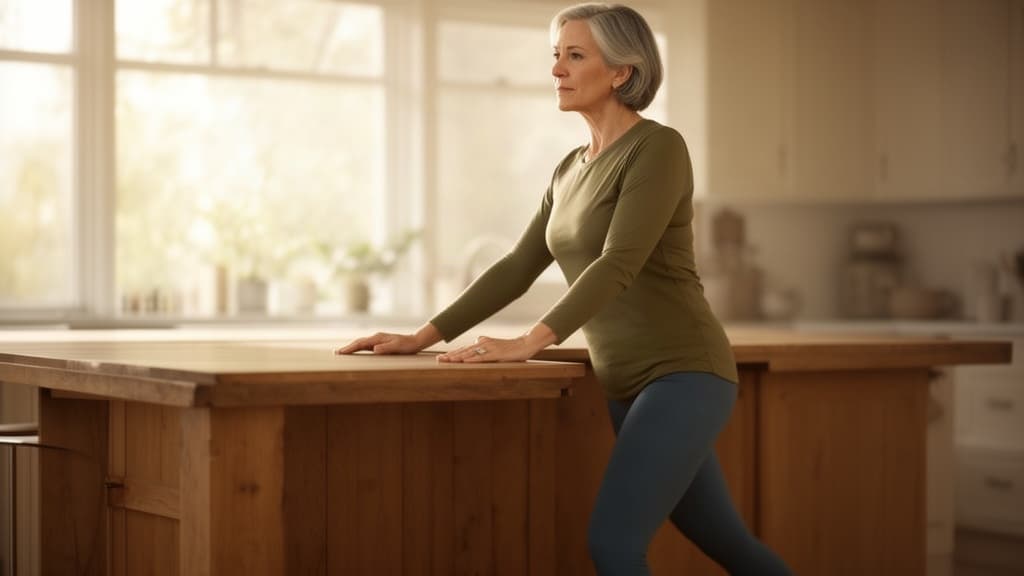 Adulta em pé praticando exercício de equilíbrio e transferência de peso junto a uma bancada de madeira, em ambiente doméstico iluminado naturalmente, vestindo roupas esportivas confortáveis.