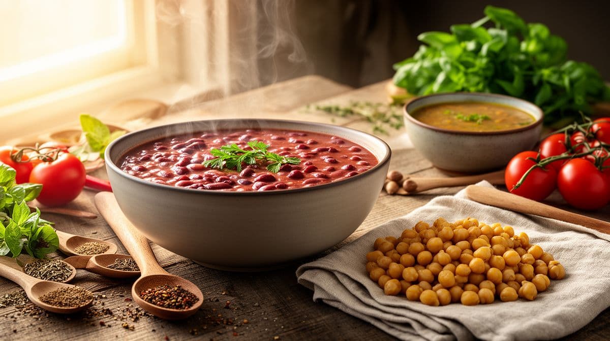 Bowl de feijão cremoso, lentilhas e grão-de-bico sobre uma mesa de madeira com iluminação suave e vegetais frescos ao redor.
