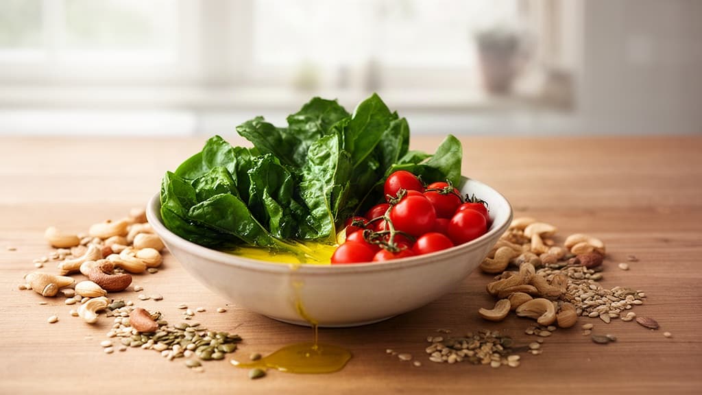 Close-up of a fresh, colorful salad with leafy greens, tomatoes, nuts, and olive oil on a wooden table, symbolizing nutrient-dense nutrition for brain health.
