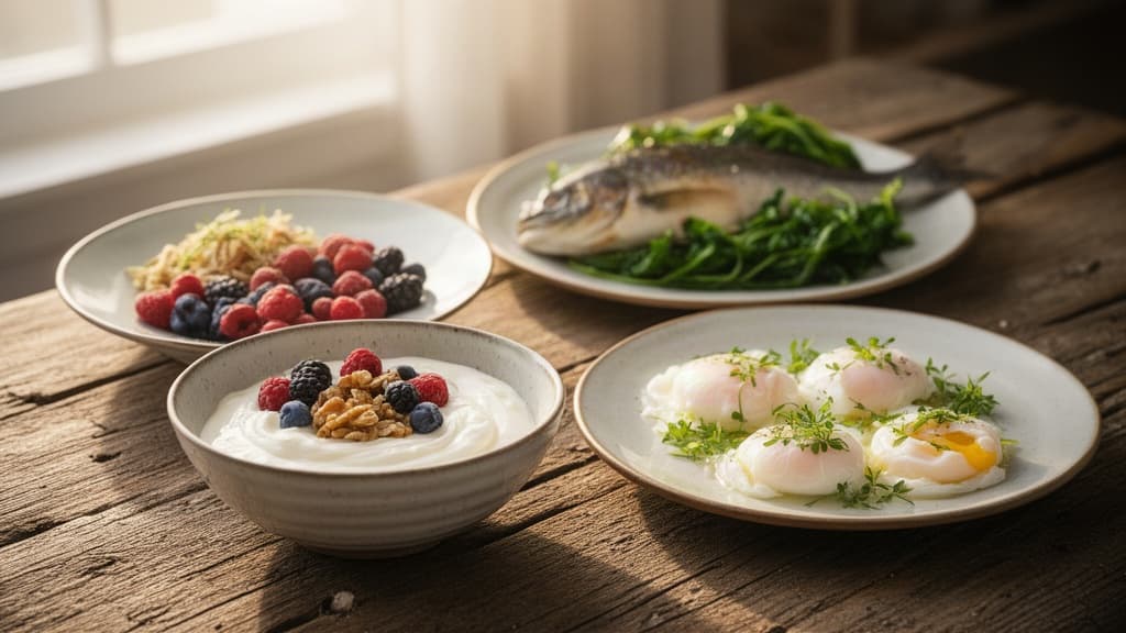 Composição fotográfica de alimentos frescos com fontes variadas de proteína, incluindo iogurte, ovos e peixe, dispostos sobre uma mesa de madeira com iluminação natural suave, evocando saúde e equilíbrio.