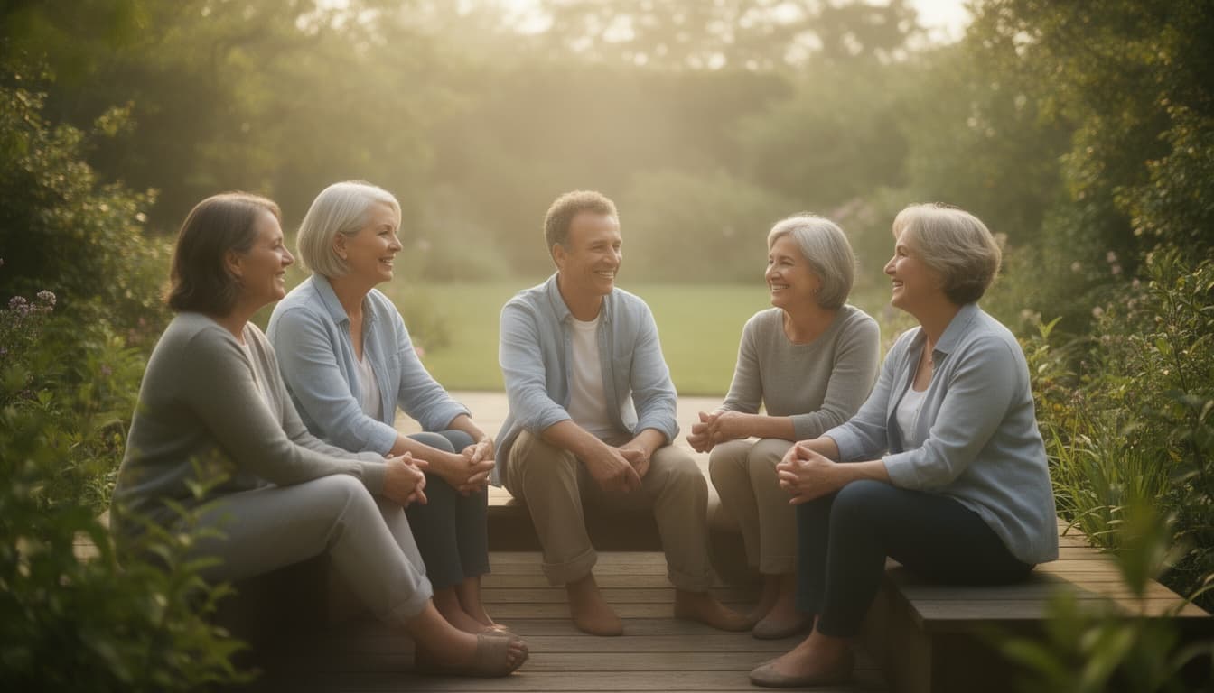 Grupo diverso de adultos conversando e rindo em um deck de madeira ao ar livre com luz natural suave.