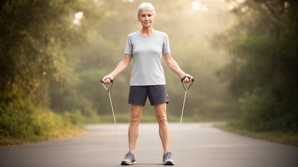 Adulto de meia-idade praticando exercício de resistência leve ao ar livre, com postura equilibrada e ambiente tranquilo, transmitindo vitalidade e controle corporal