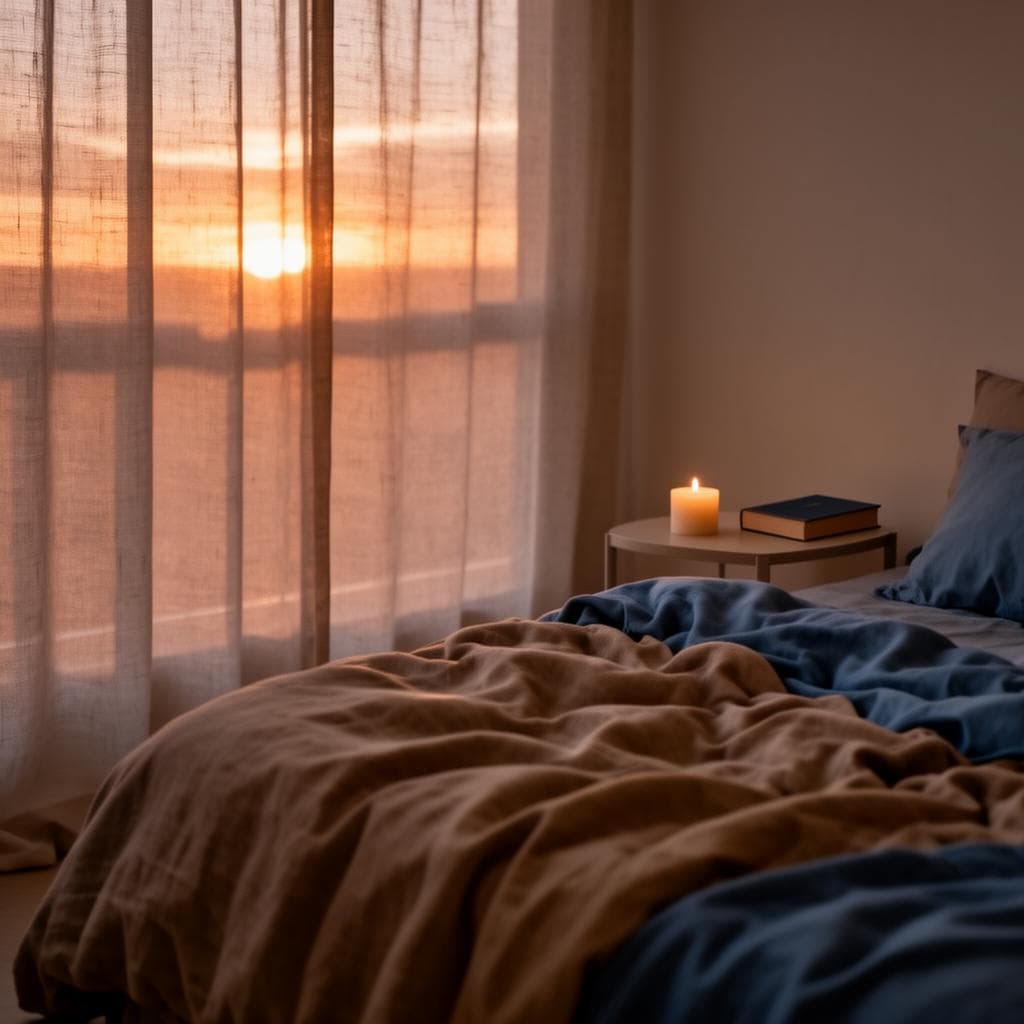 Quarto aconchegante com luz suave do fim do dia, lençóis desfeitos e atmosfera de tranquilidade noturna.